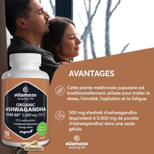 Flacon de Ashwagandha KSM-66® posé sur fond naturel – Équilibre émotionnel et vitalité