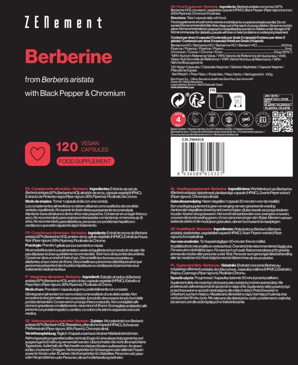 Flacon Zenement contenant 120 gélules de berbérine extraite de Berberis Aristata – haute pureté