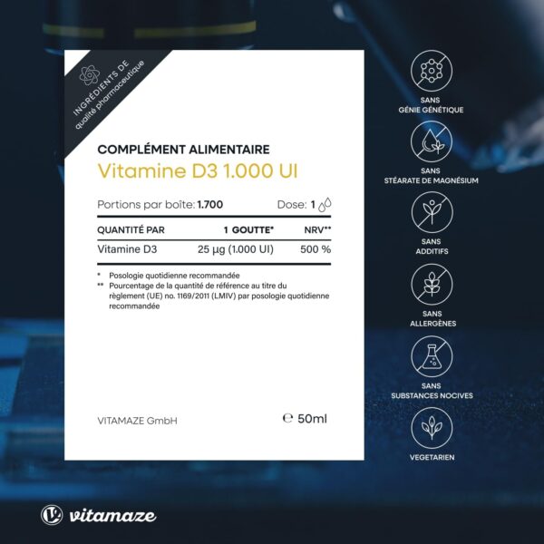 Flacon de vitamine D3 liquide avec pipette en verre, haute qualité allemande