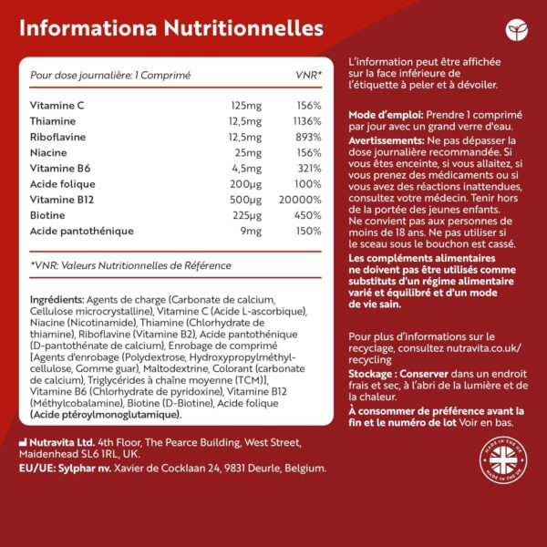 Supplément Vitamines B1, B2, B3, B5, B6, B7, B9, B12 + C – Cure annuelle 365 comprimés.